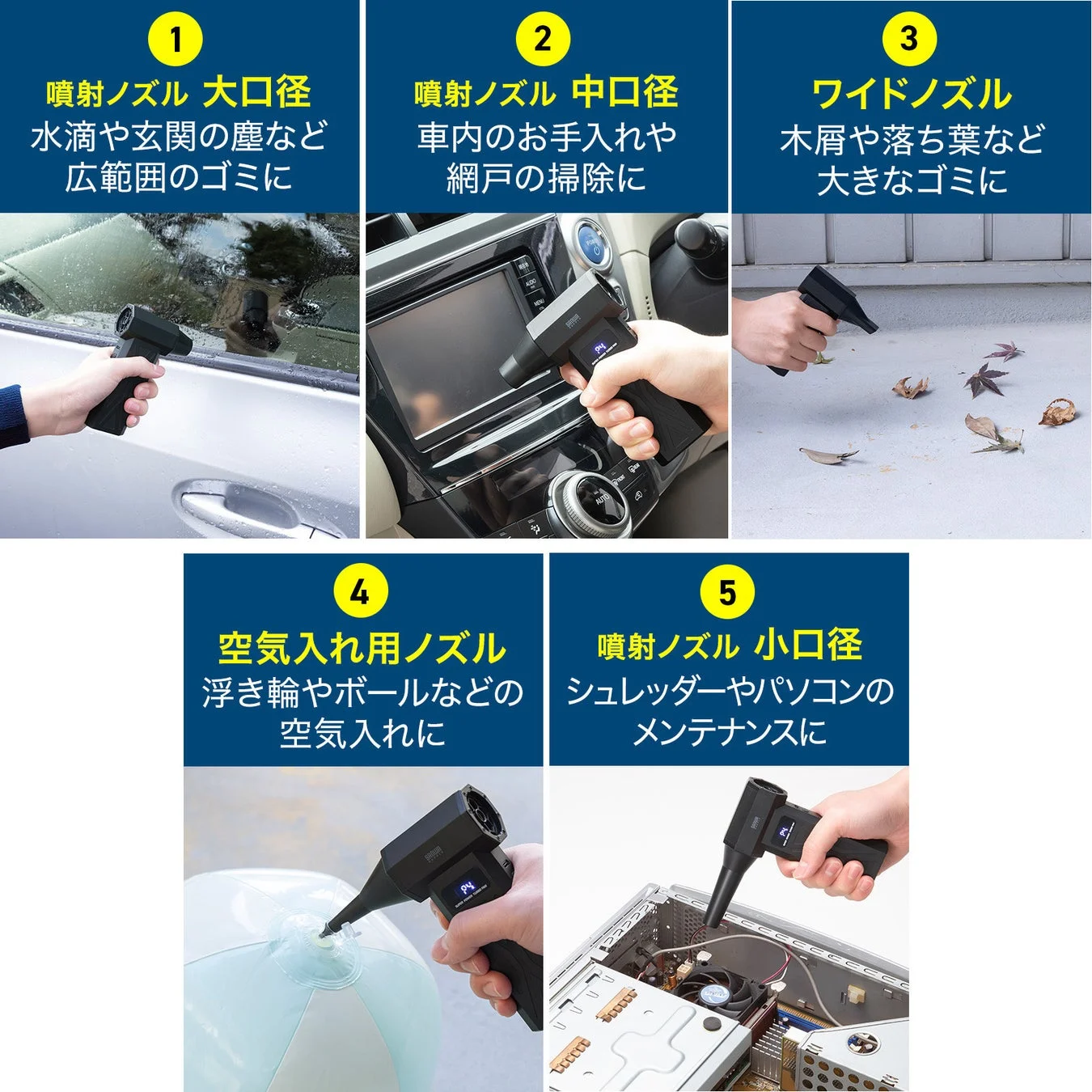 携帯用ブロワーの多機能性を紹介。5種類のノズルで車内外の清掃、落ち葉除去、浮き輪の空気入れ、PCメンテナンスなど幅広い用途に対応する便利な製品です。
