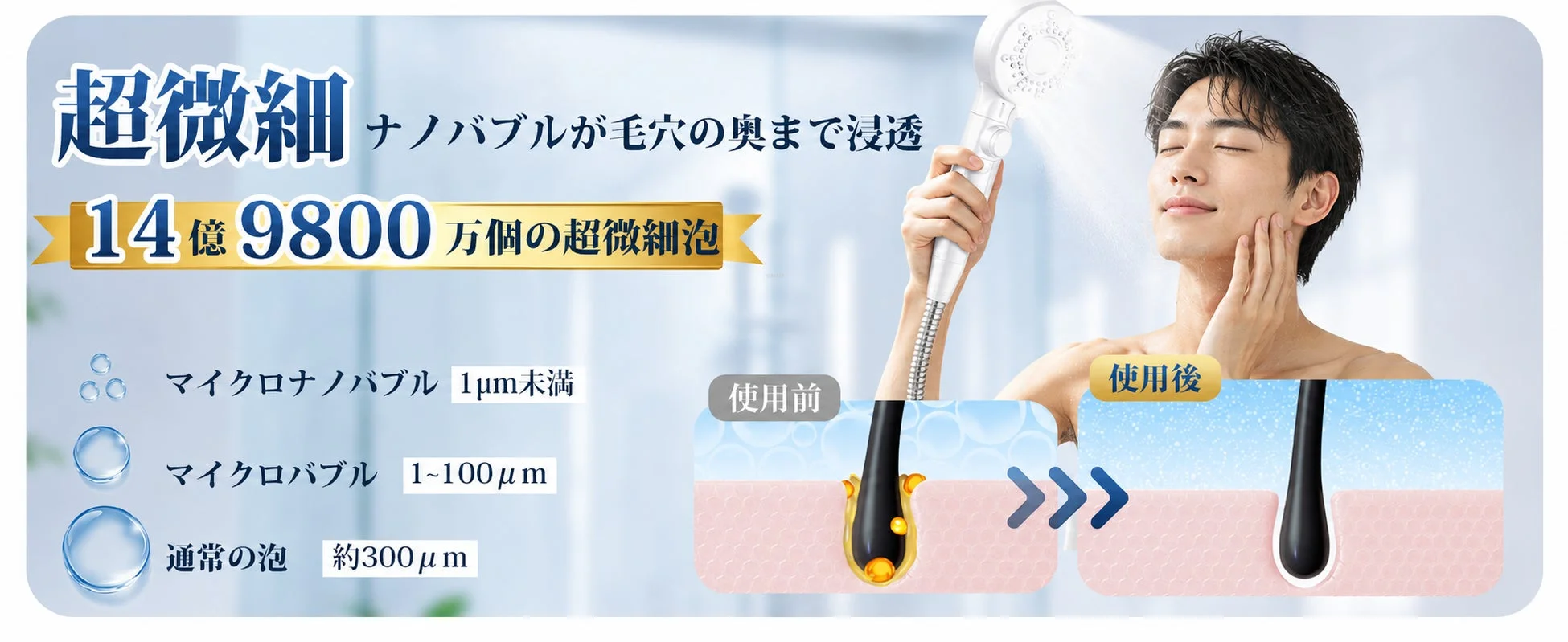 超微細なナノバブルシャワーヘッドの広告画像です