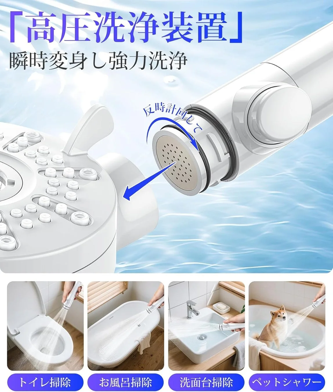 瞬時に高圧洗浄装置に変身する多機能シャワーヘッドを紹介する画像です