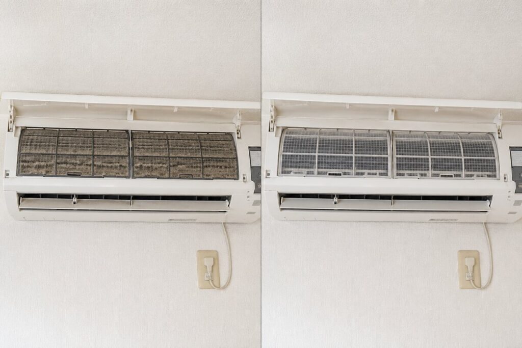 大阪府内のエアコンフィルターの目詰まり清掃前と清掃後のBefore After比較写真