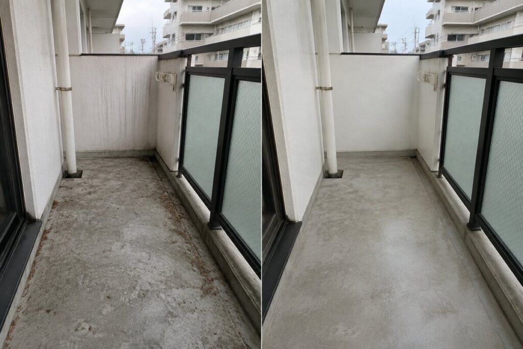 大阪府内のベランダの床と手すり壁清掃前と清掃後のBefore After比較写真