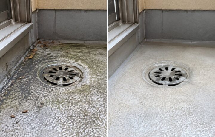 大阪府内のベランダの排水口清掃前と清掃後のBefore After比較写真