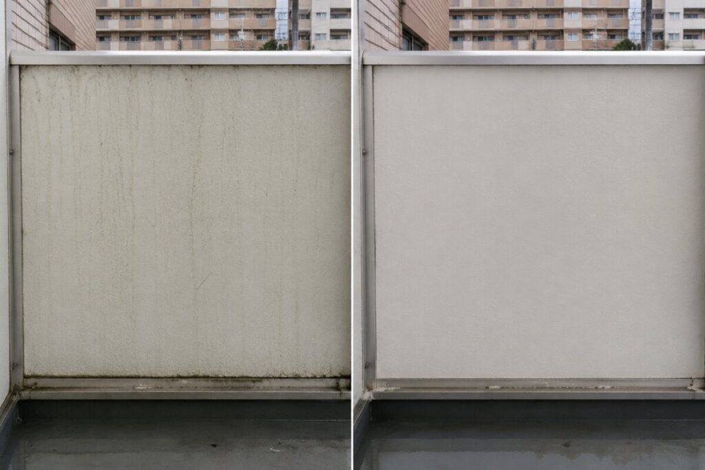 大阪府内のベランダの壁面清掃前と清掃後のBefore After比較写真