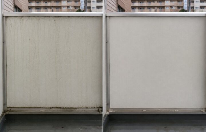 大阪府内のベランダの壁面清掃前と清掃後のBefore After比較写真