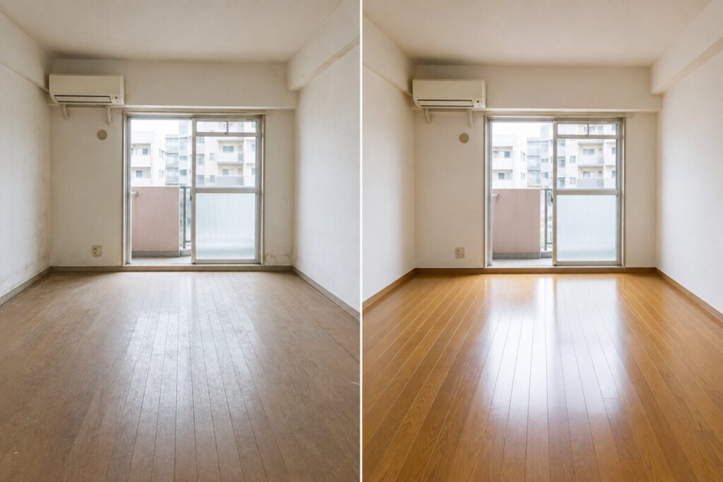 大阪府内の居室・床・エアコン周辺清掃前と清掃後のBefore After比較写真