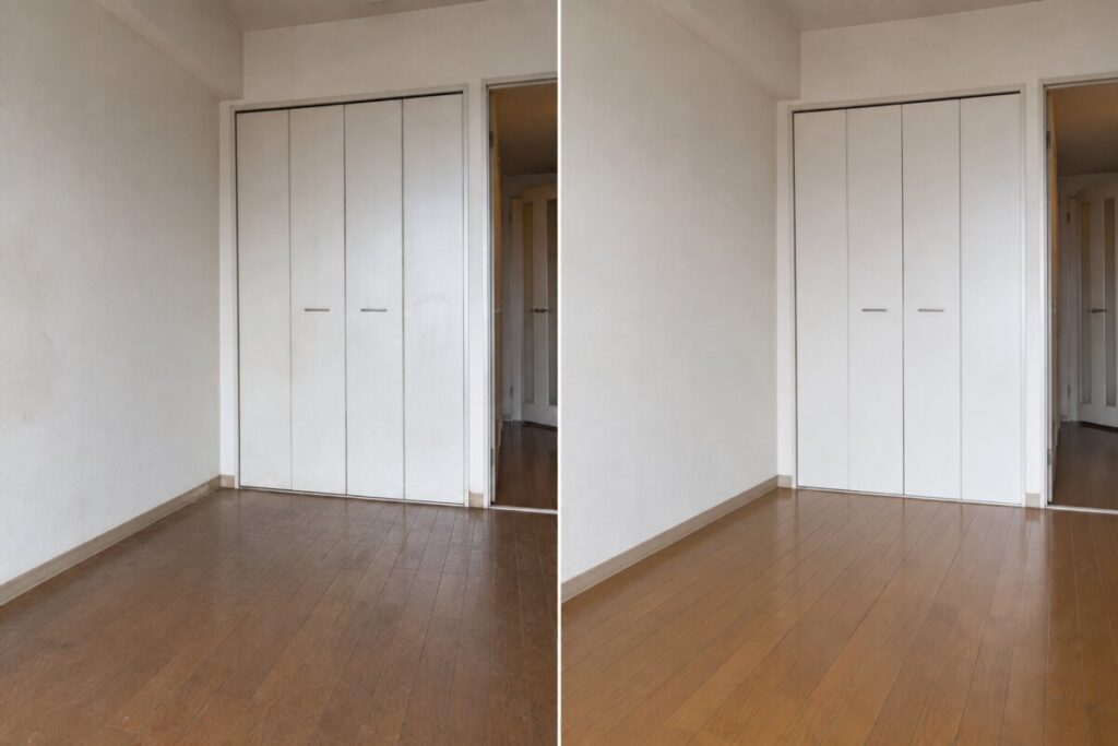 大阪府内の洋室の床と収納扉清掃前と清掃後のBefore After比較写真