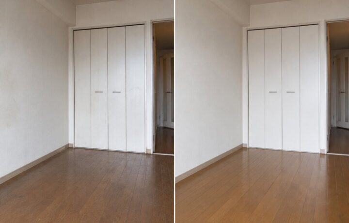 大阪府内の洋室の床と収納扉清掃前と清掃後のBefore After比較写真
