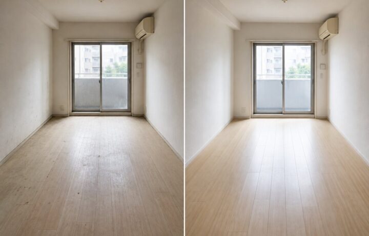 大阪府内の居室からキッチンまでの室内清掃前と清掃後のBefore After比較写真
