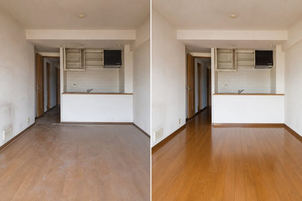 大阪府内のキッチン横の壁と床清掃前と清掃後のBefore After比較写真