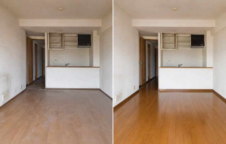 大阪府内のキッチン横の壁と床清掃前と清掃後のBefore After比較写真