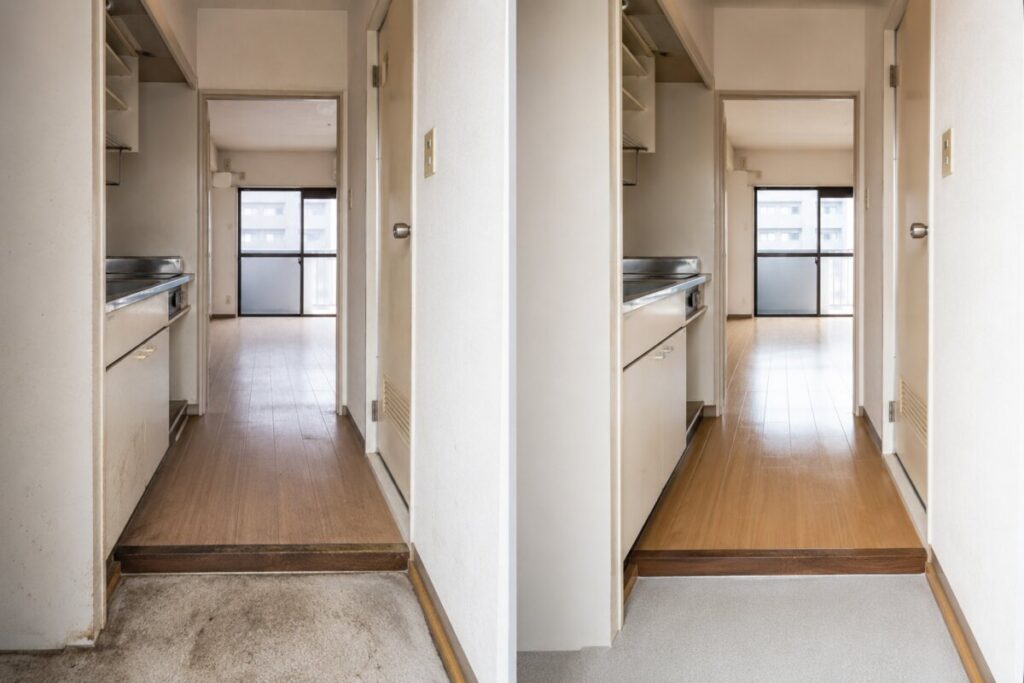 大阪府内の玄関から居室までの床清掃前と清掃後のBefore After比較写真