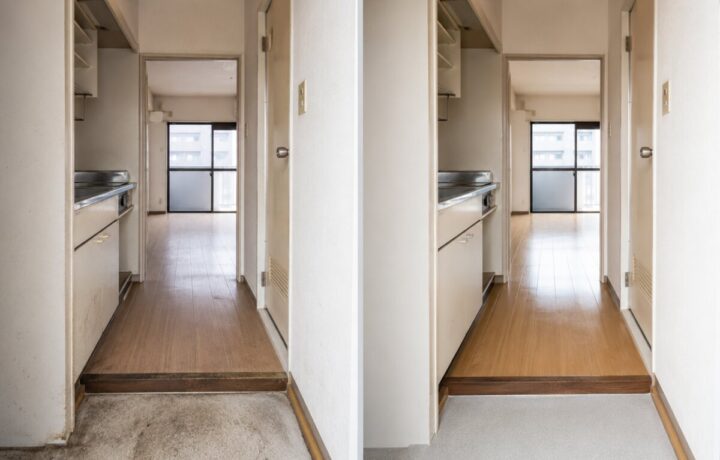 大阪府内の玄関から居室までの床清掃前と清掃後のBefore After比較写真
