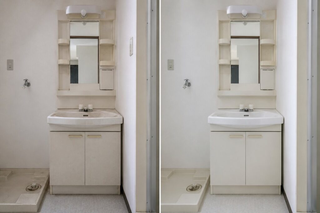 大阪府内の洗面台全体清掃前と清掃後のBefore After比較写真