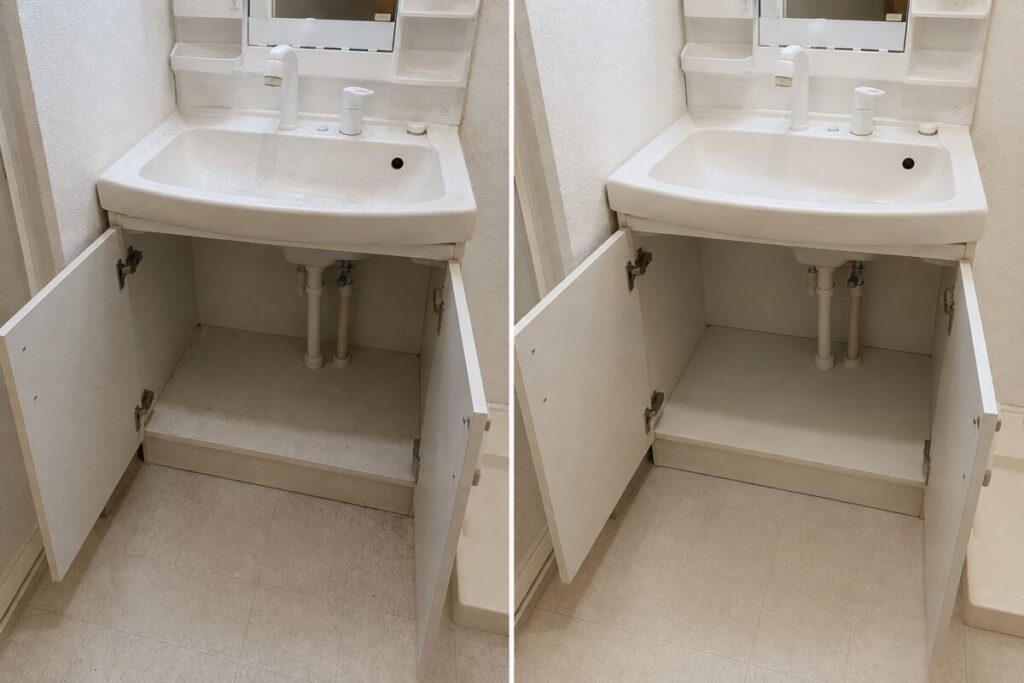 大阪府内の洗面台下の収納内部清掃前と清掃後のBefore After比較写真