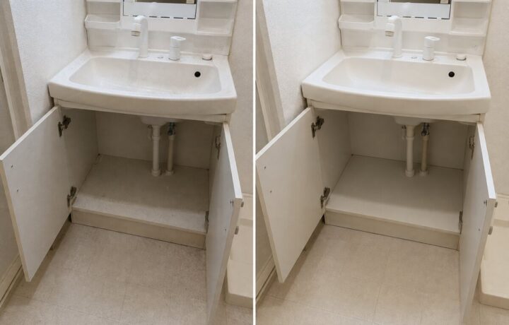 大阪府内の洗面台下の収納内部清掃前と清掃後のBefore After比較写真