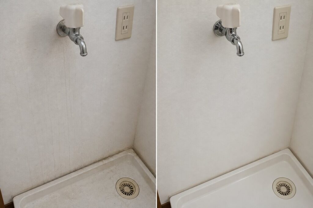 大阪府内の洗濯機置場の壁と蛇口清掃前と清掃後のBefore After比較写真