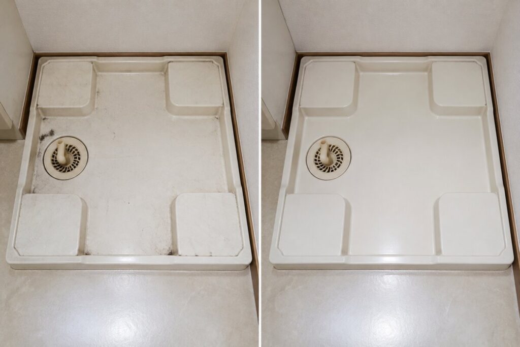 大阪府内の洗濯機防水パン清掃前と清掃後のBefore After比較写真