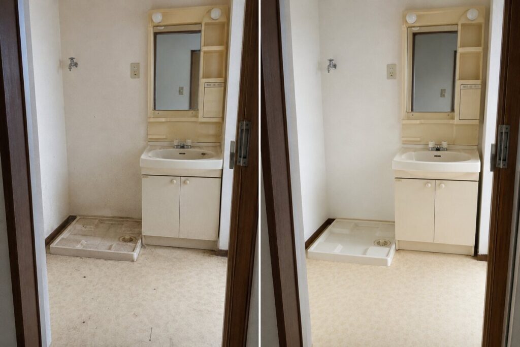 大阪府内の洗面所全体清掃前と清掃後のBefore After比較写真