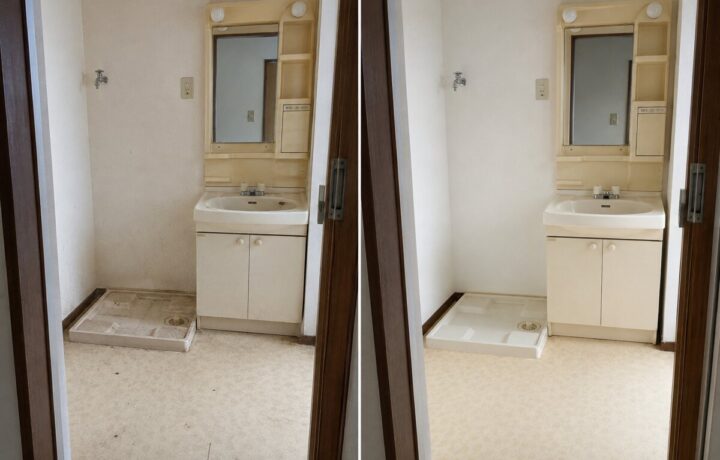 大阪府内の洗面所全体清掃前と清掃後のBefore After比較写真