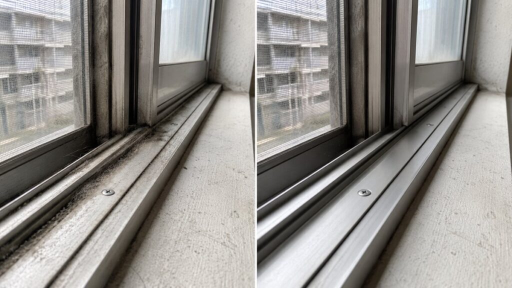 大阪府内の窓のサッシレール清掃前と清掃後のBefore After比較写真