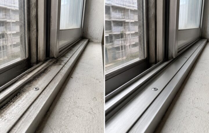 大阪府内の窓のサッシレール清掃前と清掃後のBefore After比較写真