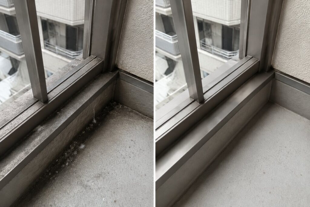 大阪府内の窓枠コーナー清掃前と清掃後のBefore After比較写真