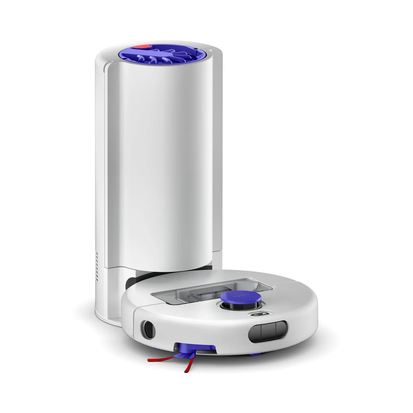 白いロボット掃除機が、同じく白い自動ゴミ収集機能付きのドッキングステーションに接続されている様子